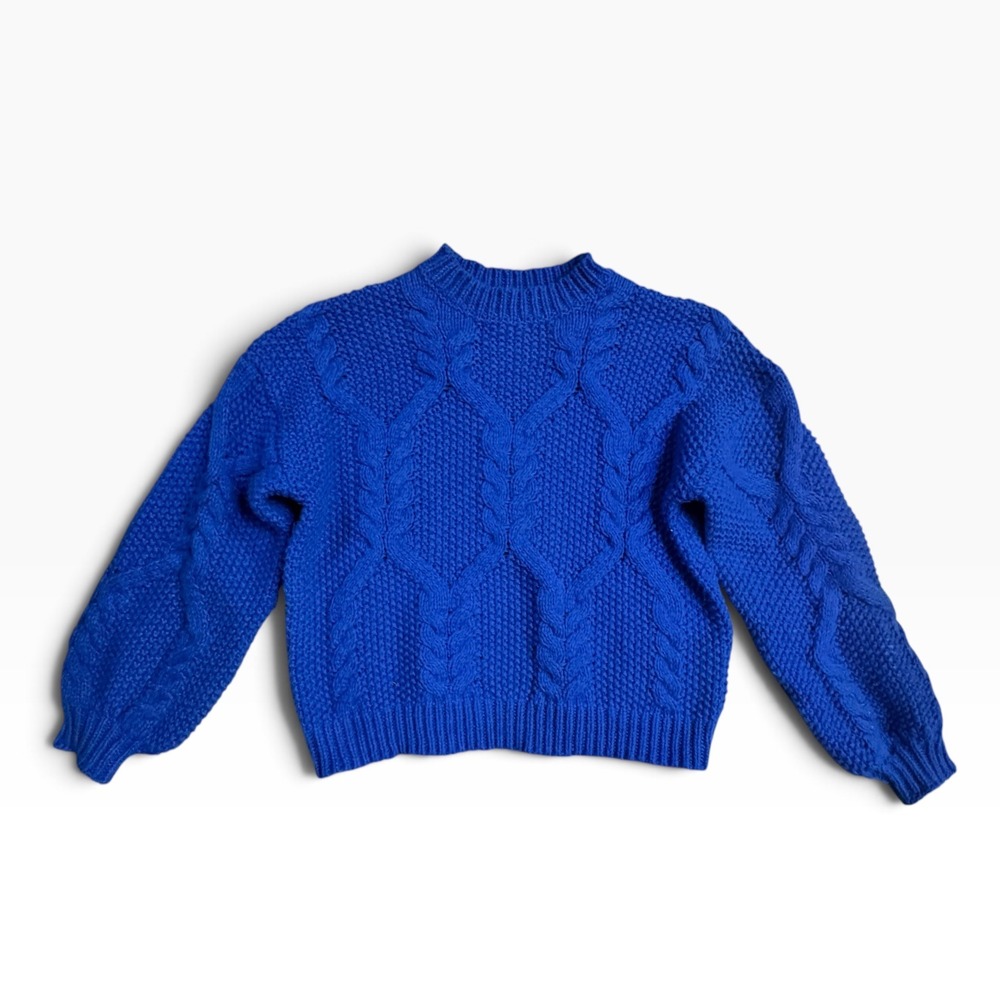 Cobalt Blue Cable Knit Puff Sleeve Sweater Crew Neck Chunky Knit Pullover